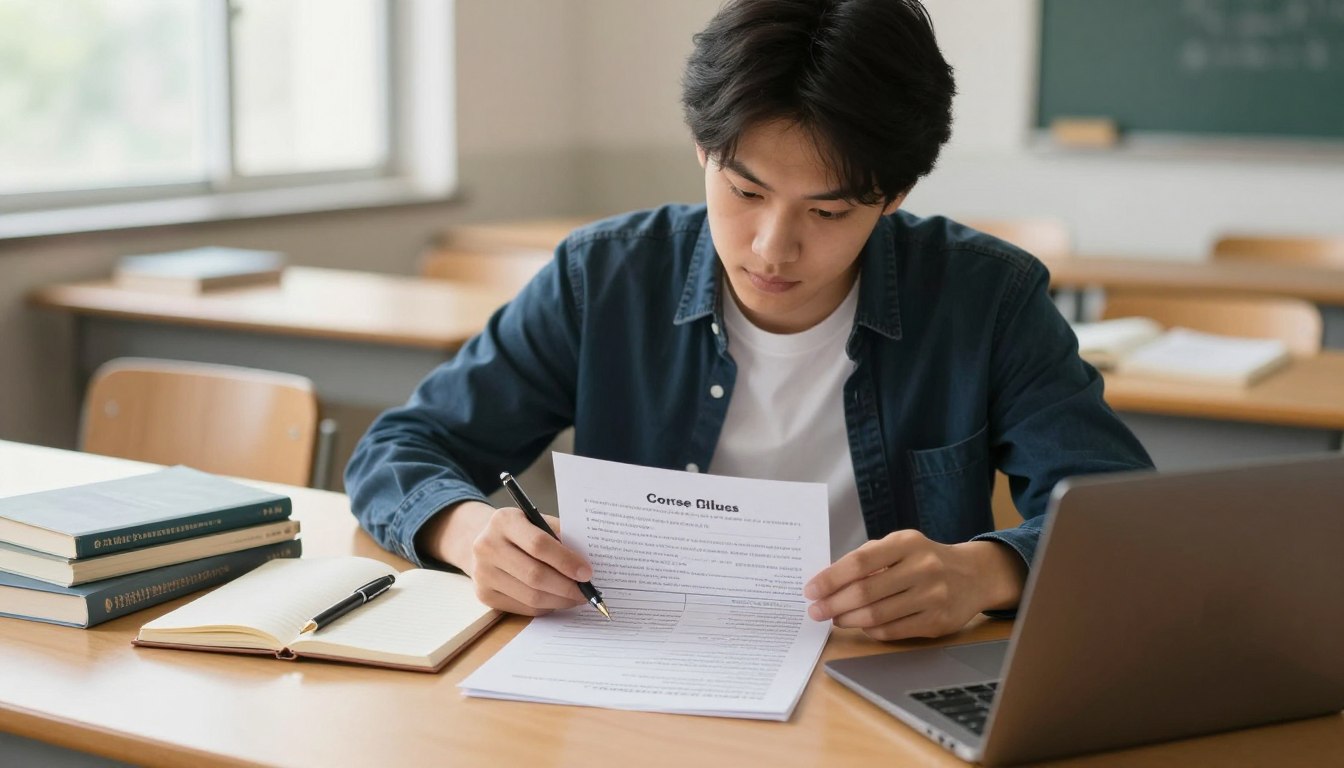 Student checking course rules before using writing tools
